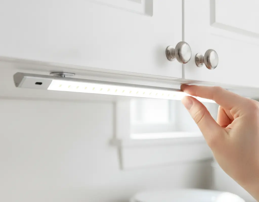 Magnetic rechargeable LED bar being installed as under cabinet lighting