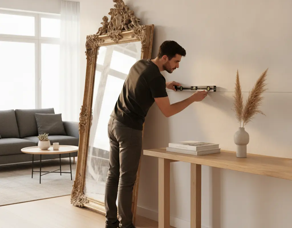 Person measuring wall to hang a heavy mirror securely