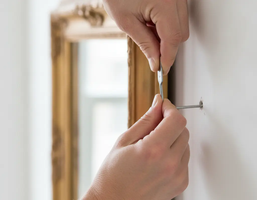 Hands installing a Monkey Hook for a heavy mirror on drywall