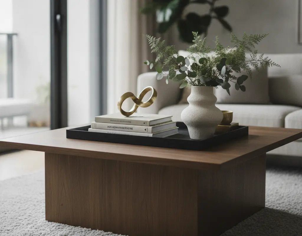 A stylish coffee table vignette with a tray, books, vase, and brass decor, showcasing how to style coffee table surfaces.