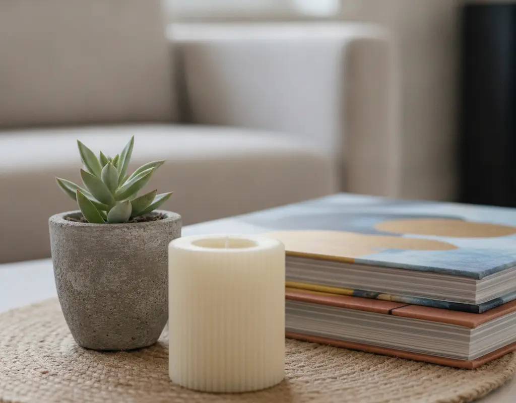 Detail shot of a coffee table vignette applying the rule of threes with a plant, candle, and books.