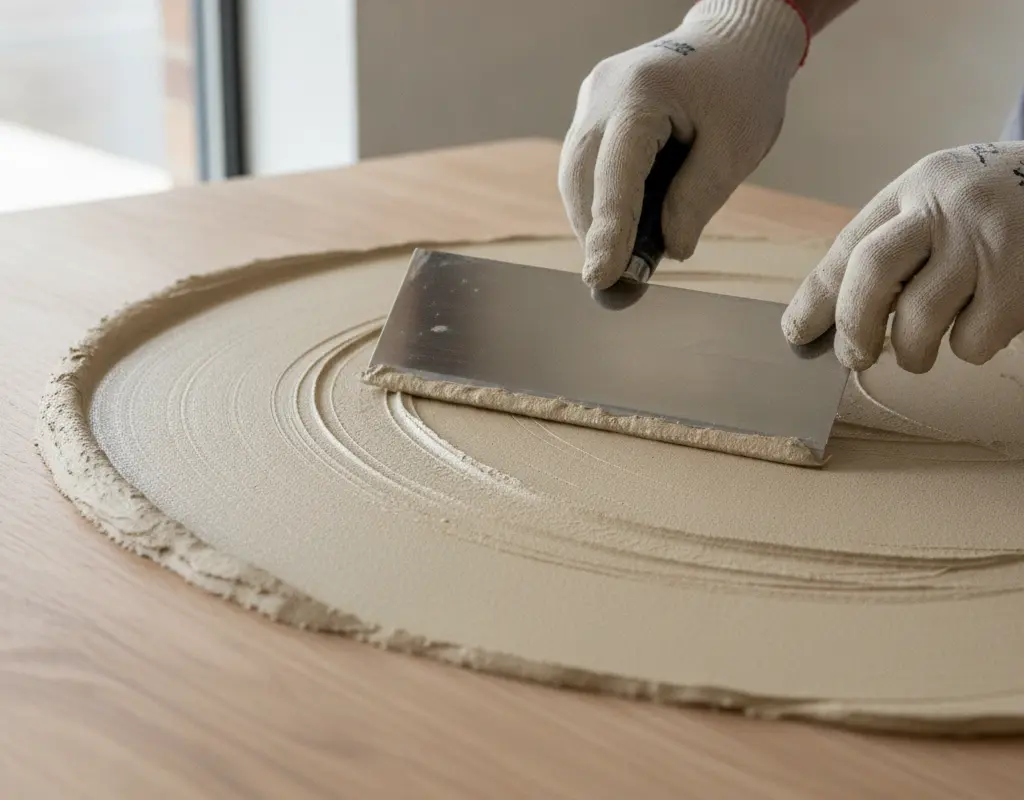 Applying Roman clay with a trowel to create organic texture on a DIY table project.