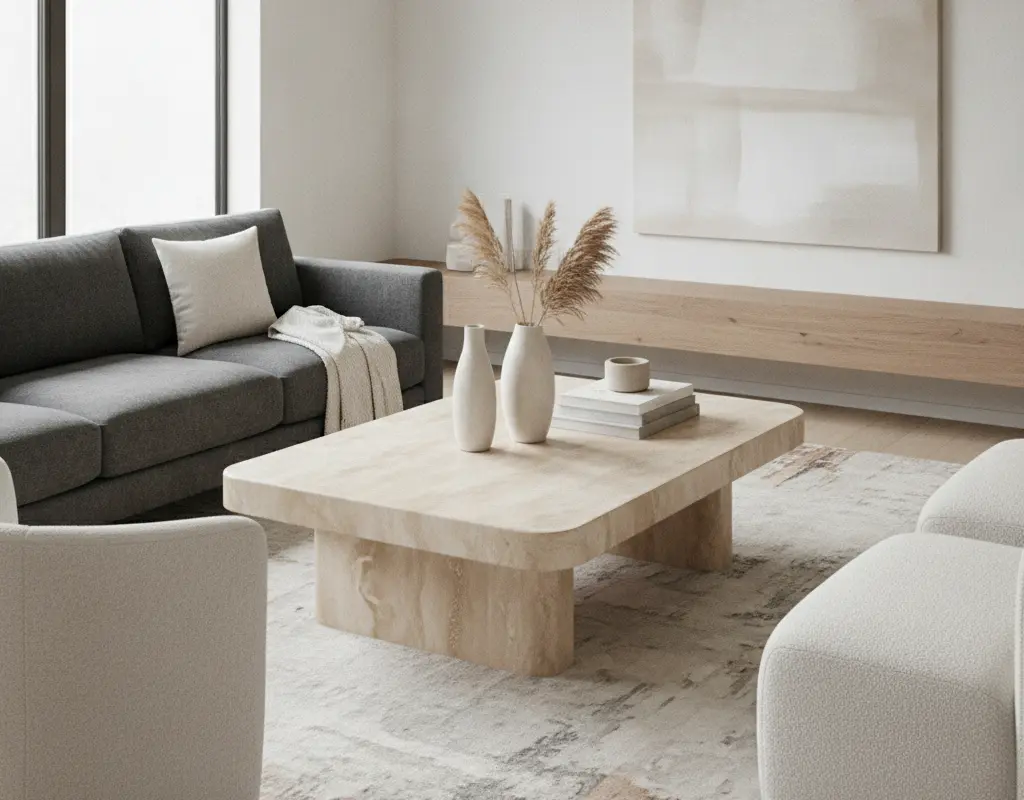 Finished DIY Roman clay coffee table with a travertine stone finish in a modern living room.