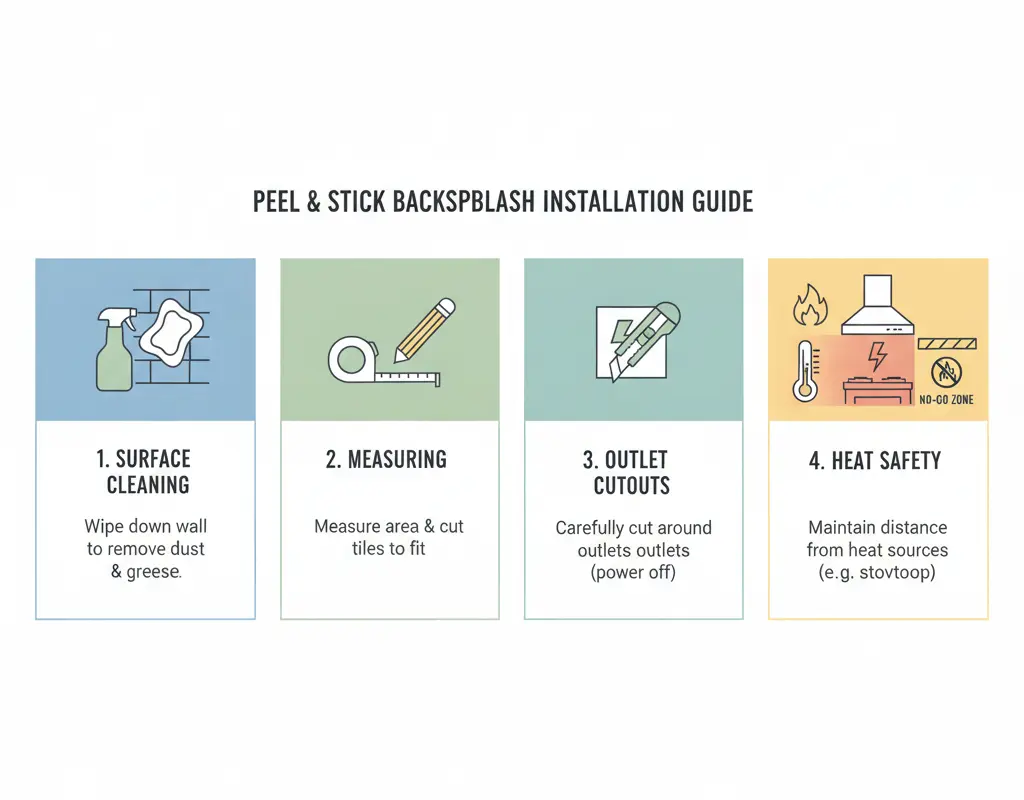 Infographic showing essential steps for peel and stick backsplash installation