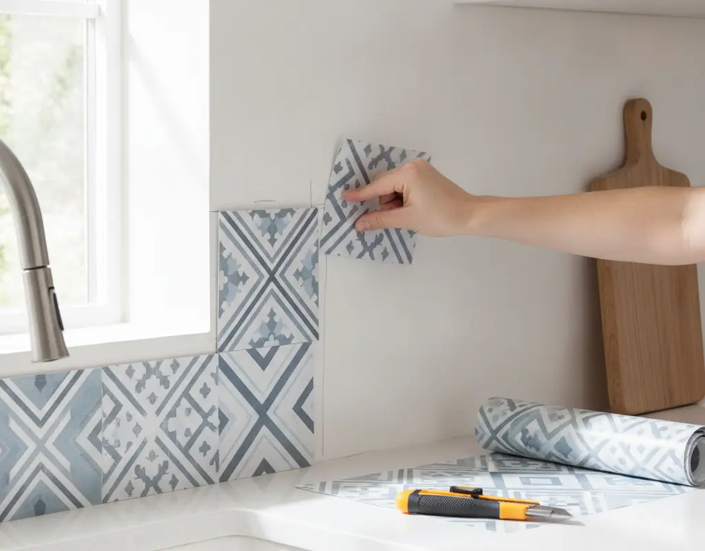 Person applying peel and stick backsplash tile to a kitchen wall in a modern kitchen