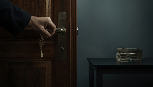 lucid origin a hand is using a key to open a door on the other side of the door is a table wi 0.1