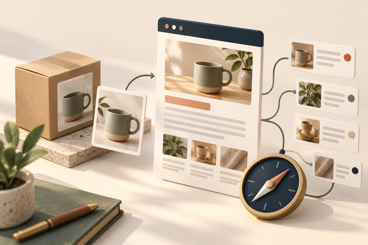 Product collection flowing into a focused blog article