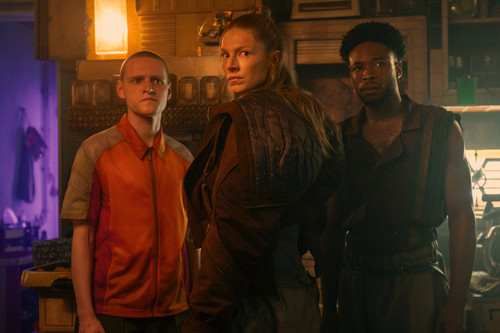 (L-R) Elias (Lewis Gribben), Cora (Hunter Schafer), and Bebeto (Dimitri Abold) in Blade Runner 2099 