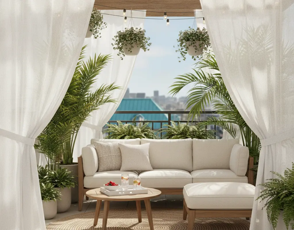 Elegant apartment balcony with white outdoor curtains providing privacy and shade.