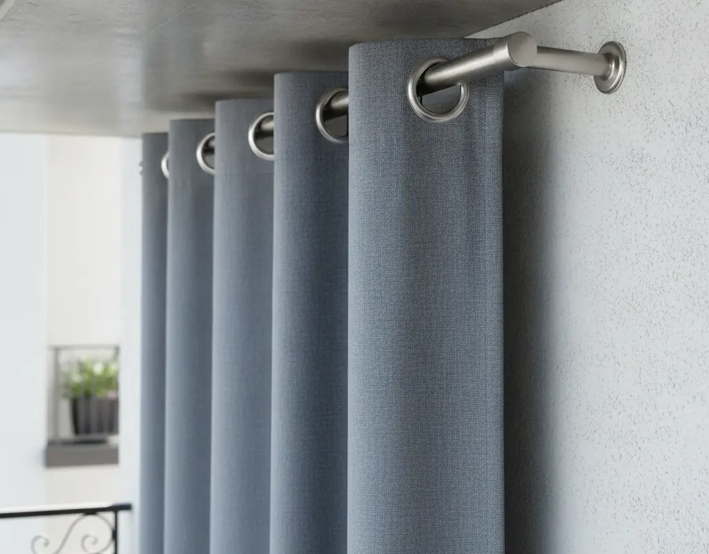 Close-up of a heavy-duty rustproof tension rod securely holding an outdoor curtain on a balcony.