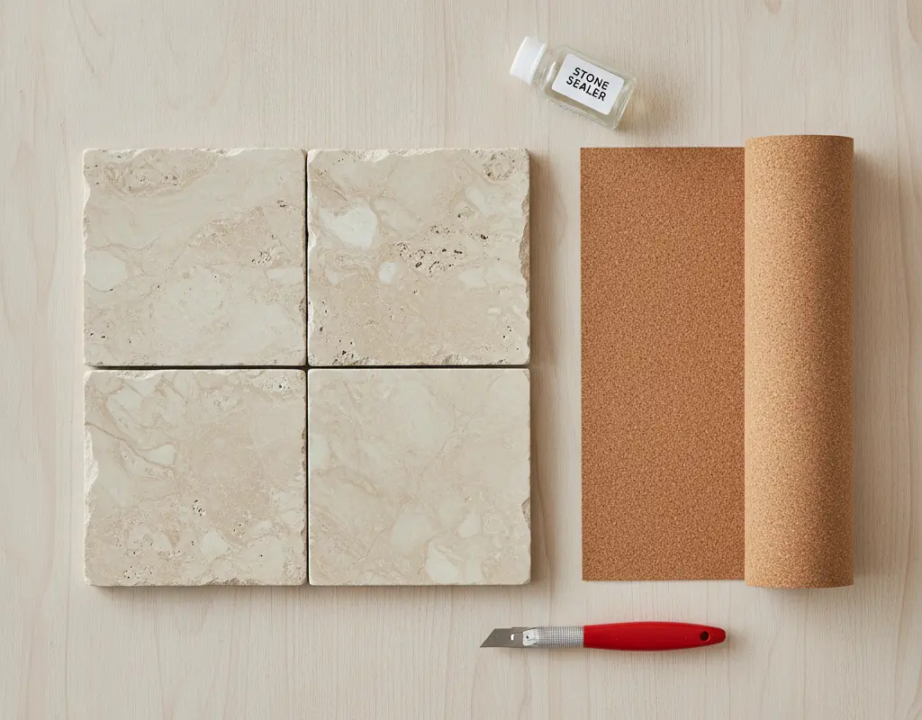 Materials for DIY marble coaster styling including tumbled travertine tiles, cork, and sealer