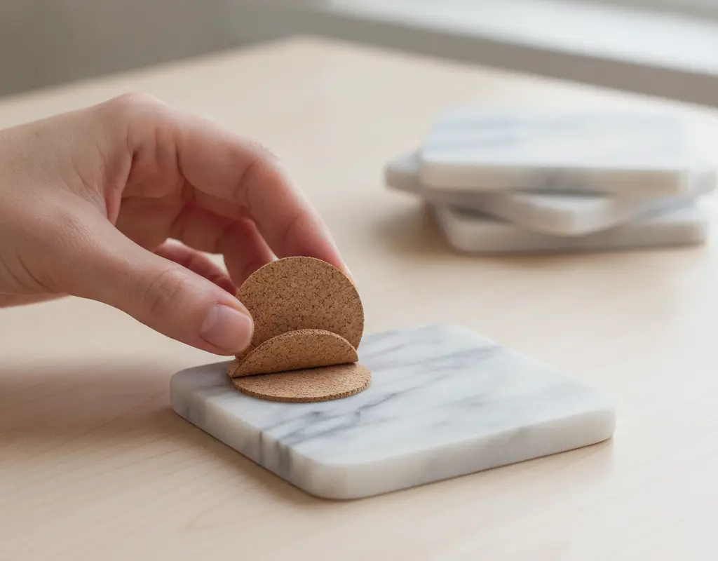 Attaching adhesive cork backing to a DIY marble coaster