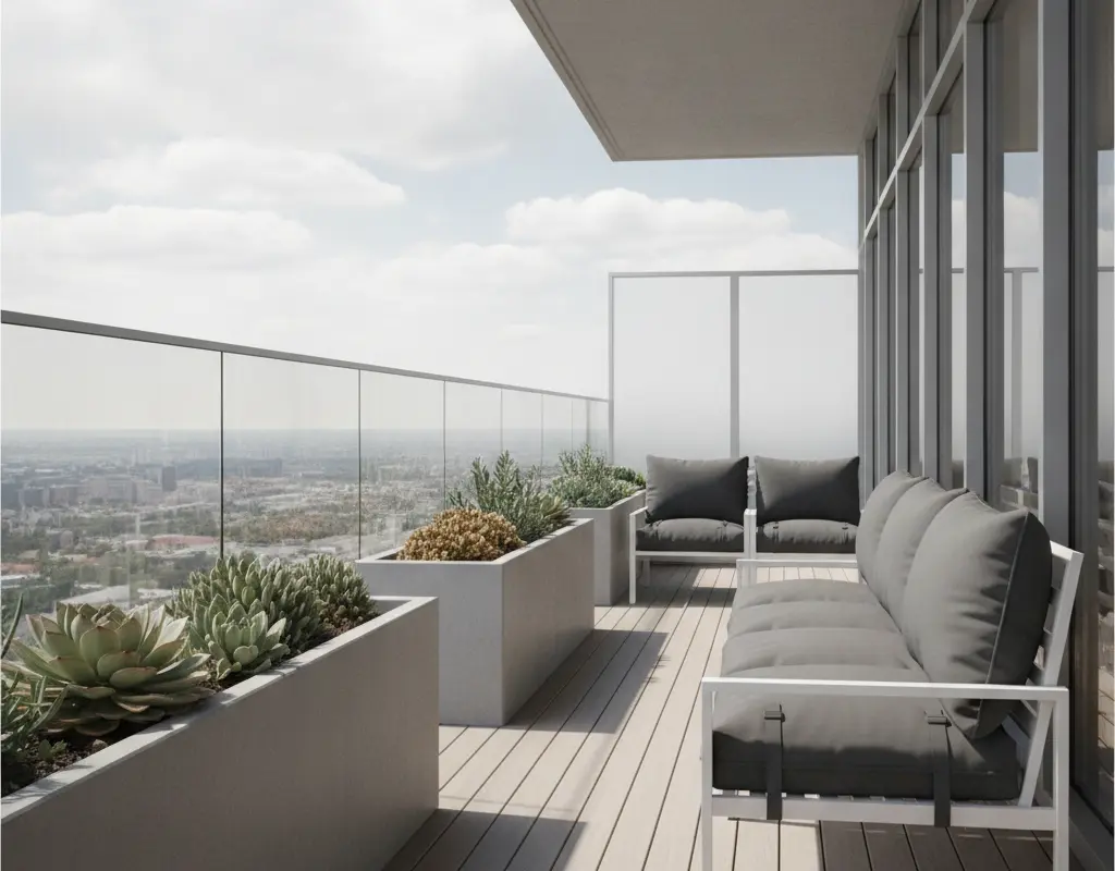 High-rise apartment balcony with windproof decor, featuring heavy planters and secured outdoor cushions against a city backdrop.