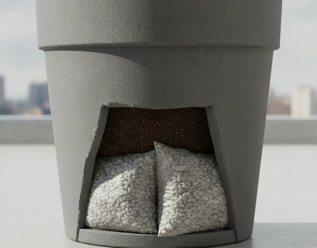 Detail of a windproof planter with gravel bags for stability on a high-rise balcony.
