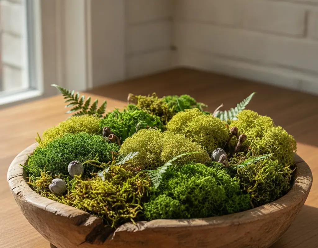 Finished DIY preserved moss bowl in a rustic wooden dough bowl, showcasing various moss textures