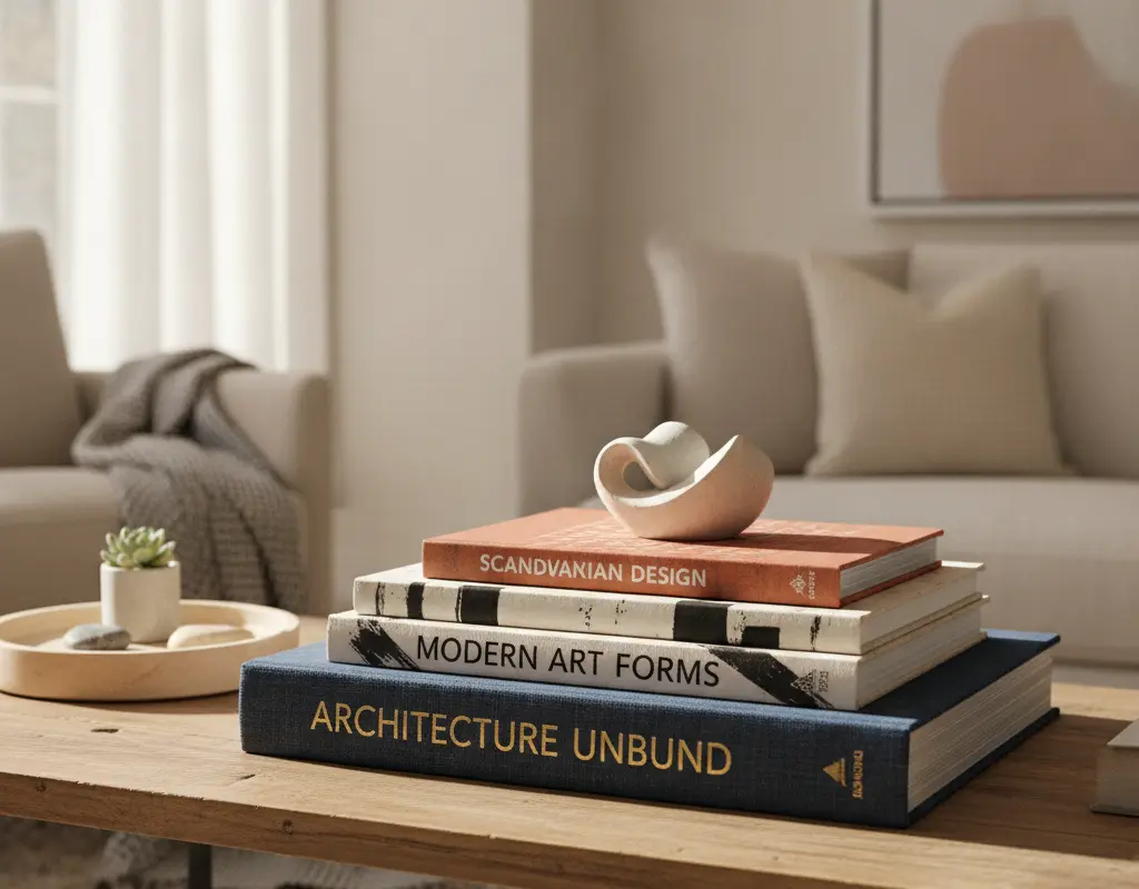 Elegant coffee table with three stacked books and a small decorative object, showcasing proper book stacking