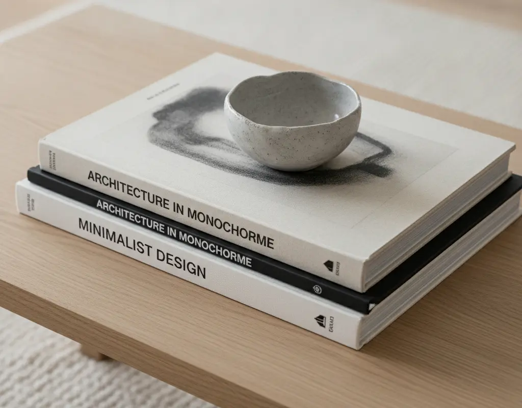 Detail of coffee table books stacked by monochromatic color palette, topped with a decorative bowl