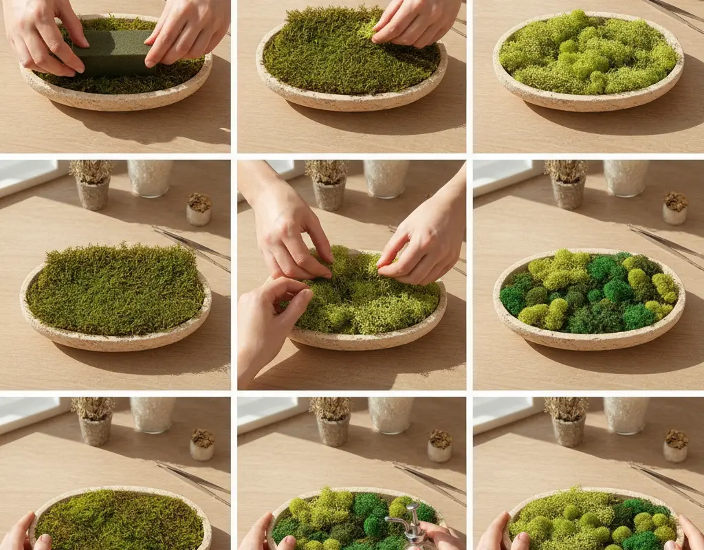 Hands layering preserved moss into a travertine dish for a DIY moss bowl