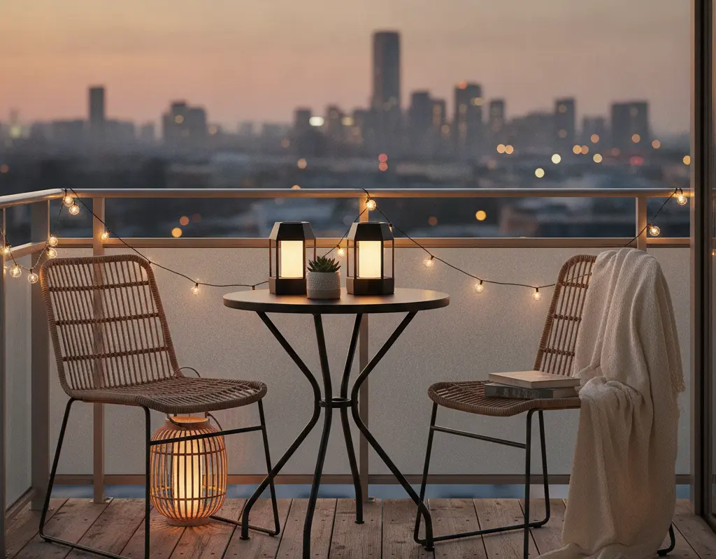 Cozy rental balcony at dusk with warm solar string lights and lanterns creating a chic ambiance