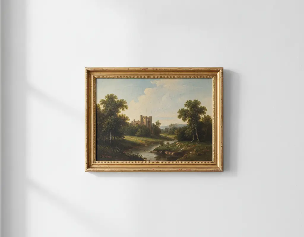 Framed vintage oil painting print on a wall, showcasing public domain art.