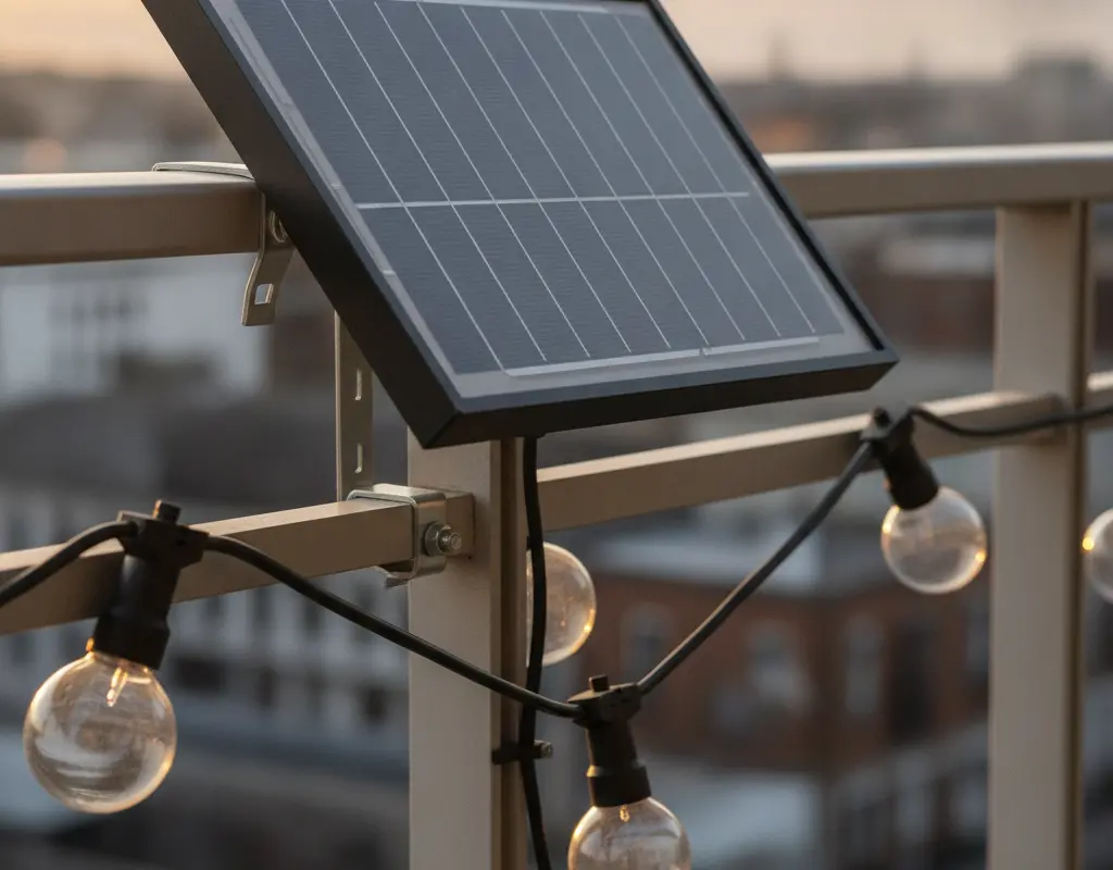 Commercial-grade solar panel on a balcony railing powering warm LED globe string lights