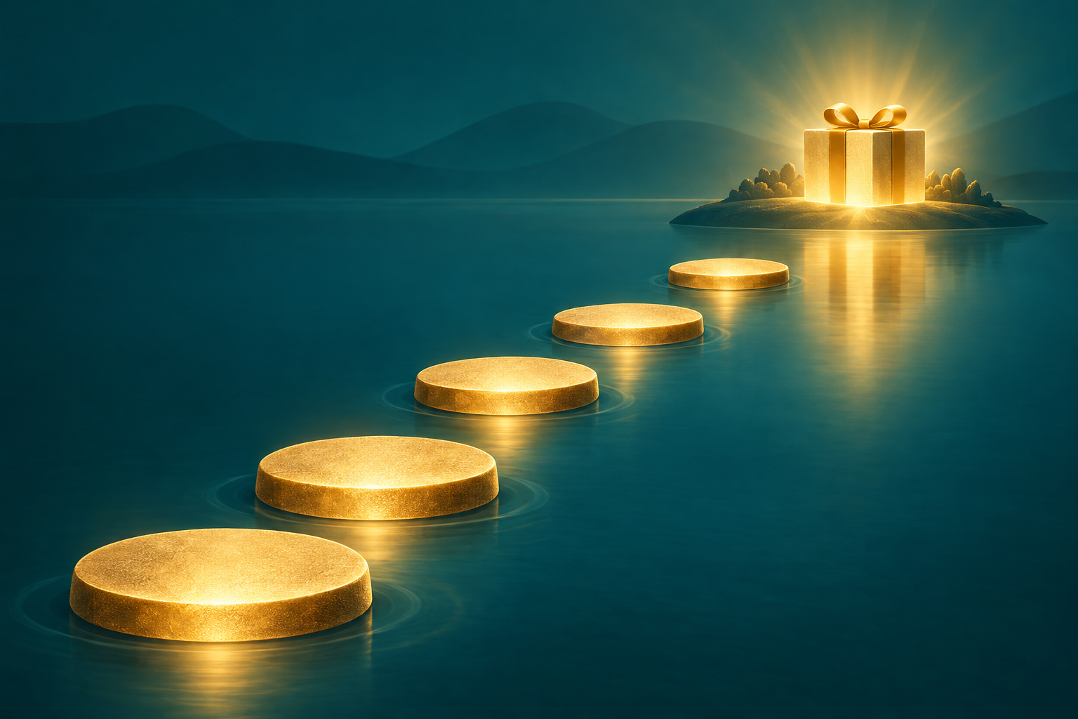Abstract illustration of a donor pipeline with stages flowing toward a glowing future gift