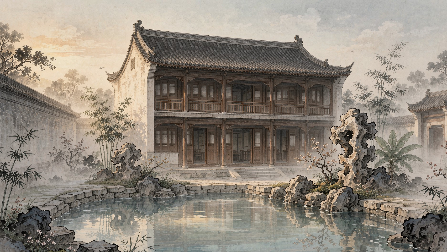宁波天一阁藏书楼与天一池全景