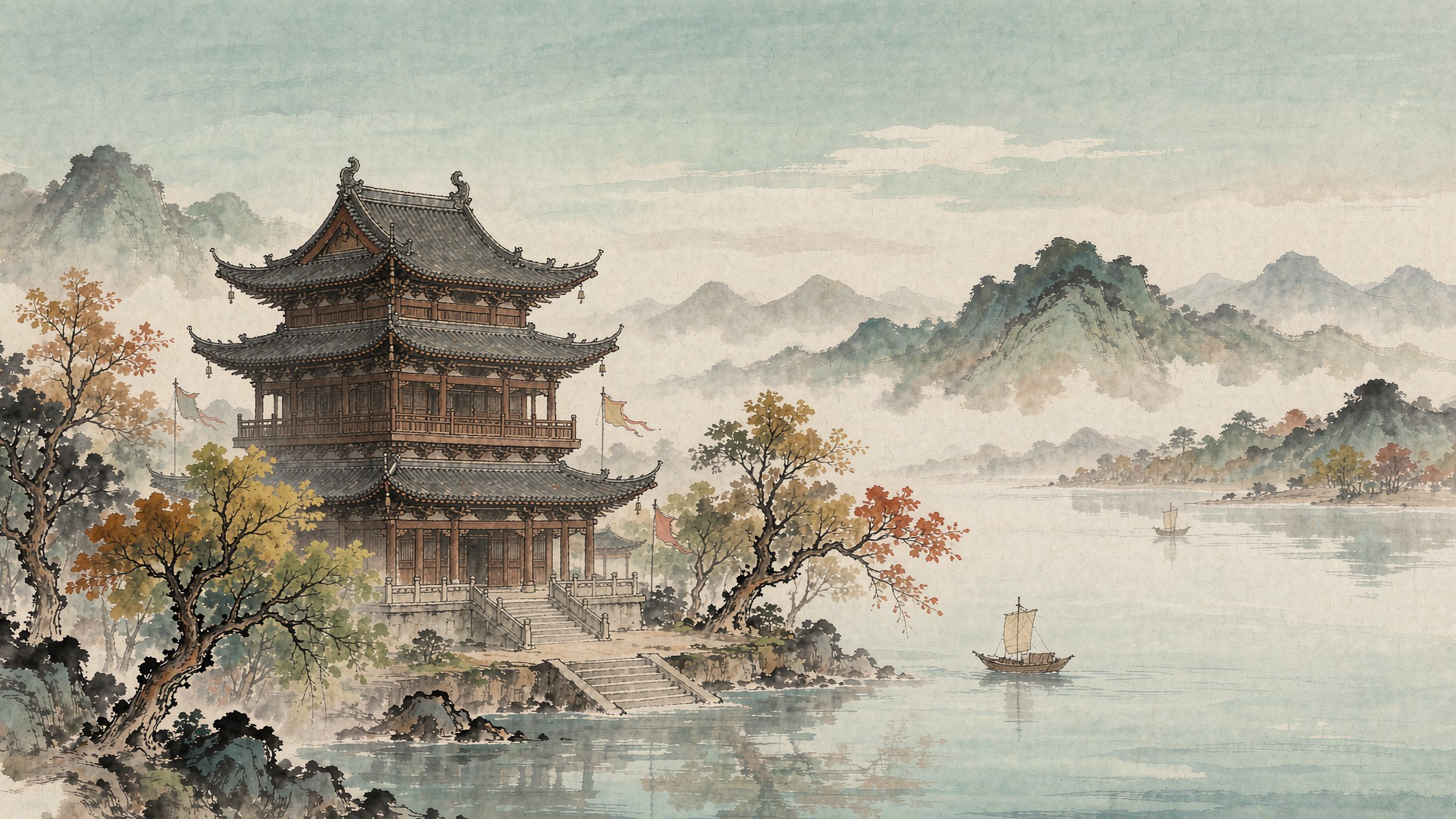 岳阳楼与洞庭湖全景