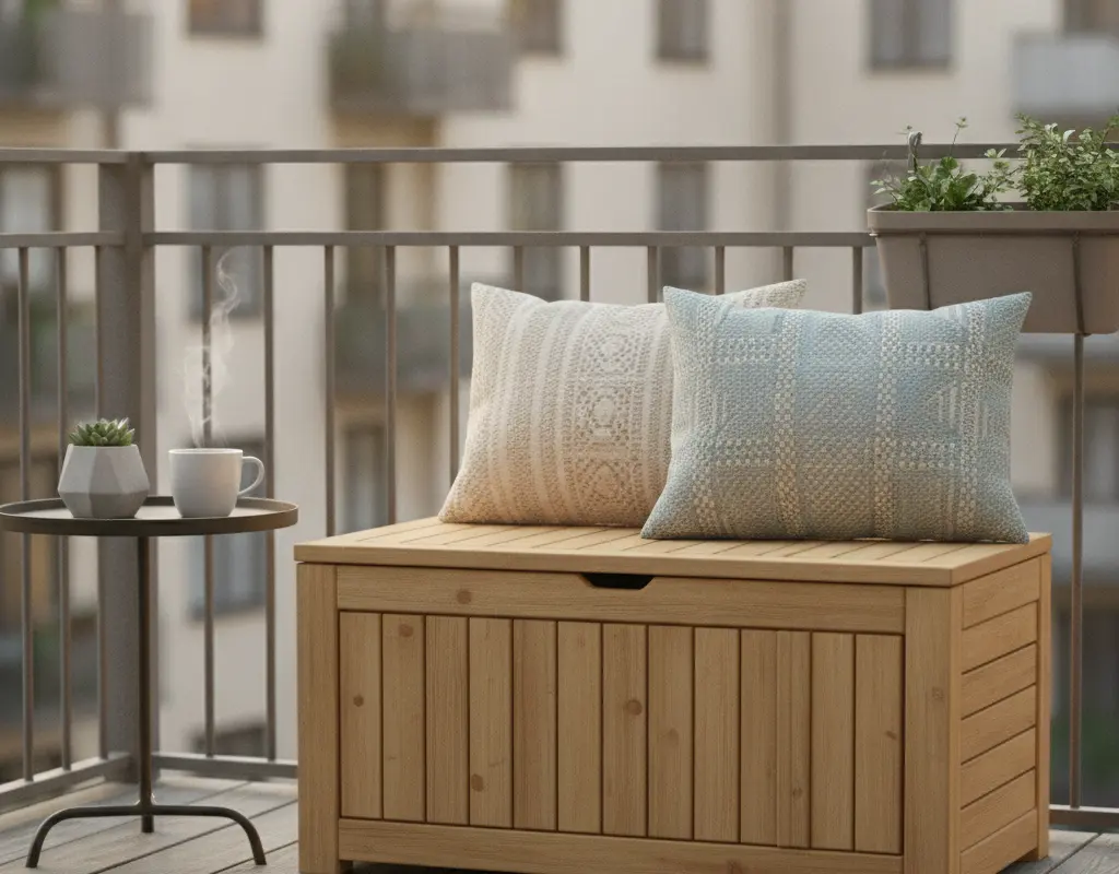 Stylish small balcony storage bench with cushions, ideal for compact outdoor spaces.