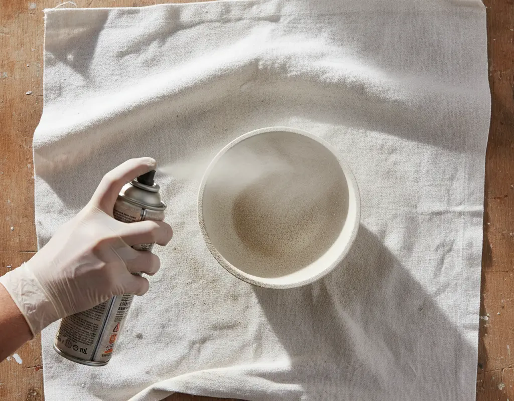 Person applying textured stone spray paint to a bowl with even spray motion