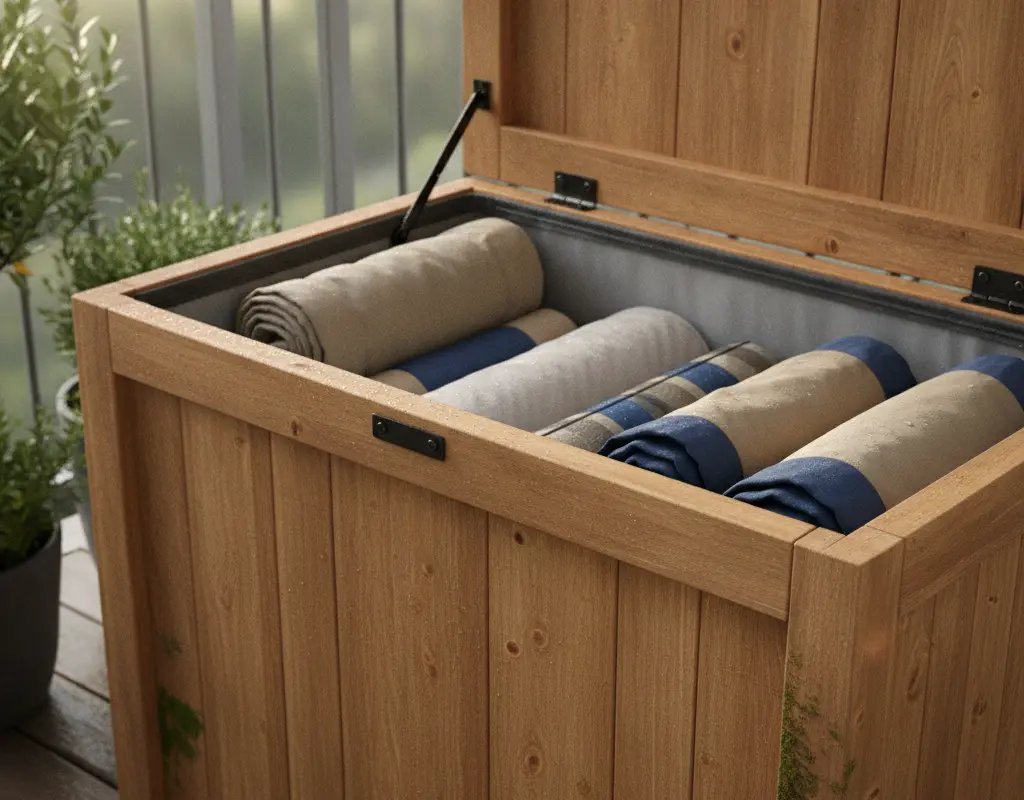 Open cedar small balcony storage bench with waterproof lining, storing outdoor cushions.