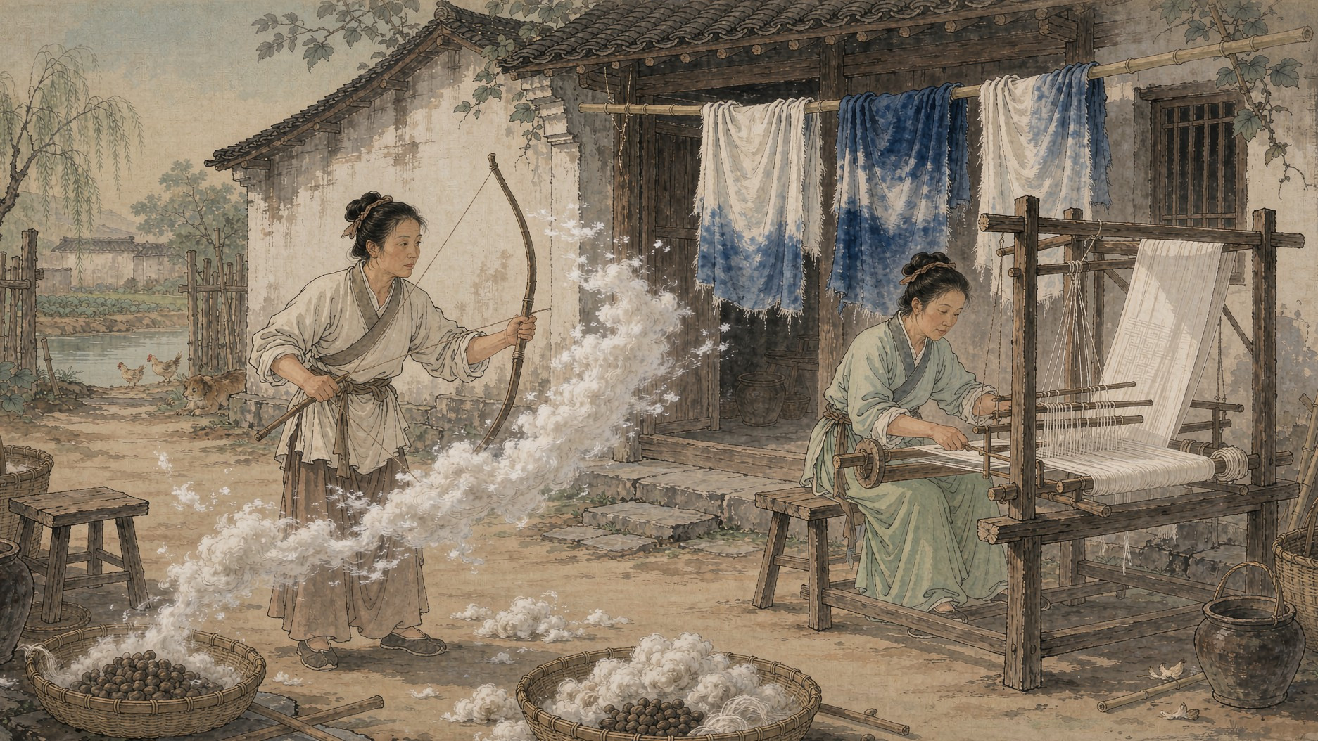 江南妇女弹棉织布风貌