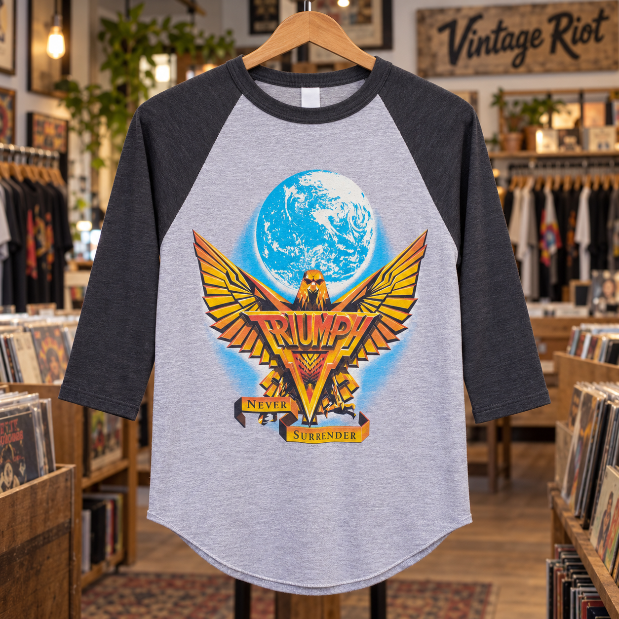 1983 Triumph Never Surrender Reproduction Raglan — Gray / Black front