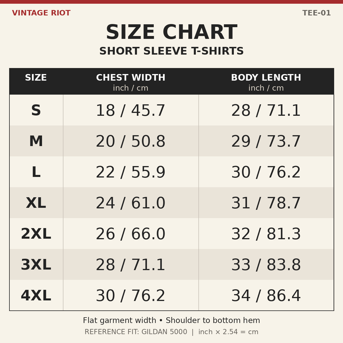 Short Sleeve T-Shirt reference size chart, S through 4XL, inches and centimeters