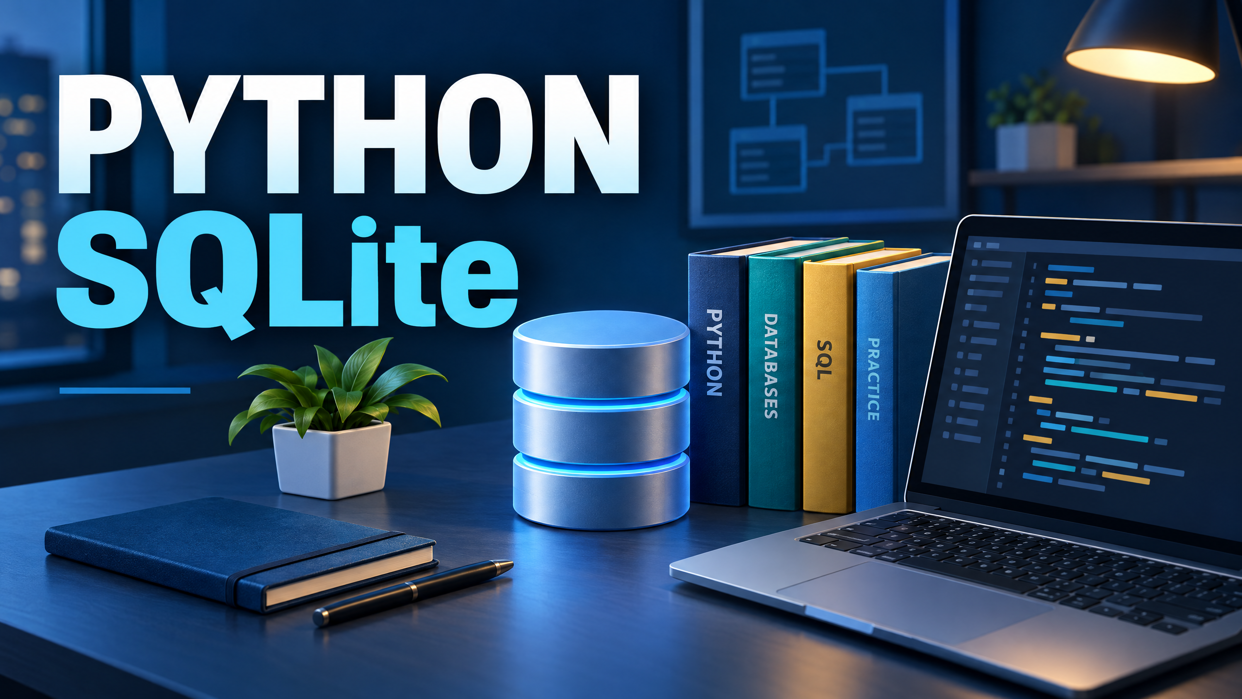 Python SQLite লাইব্রেরি—বই, ডেটাবেস ও ল্যাপটপের মৌলিক চিত্র