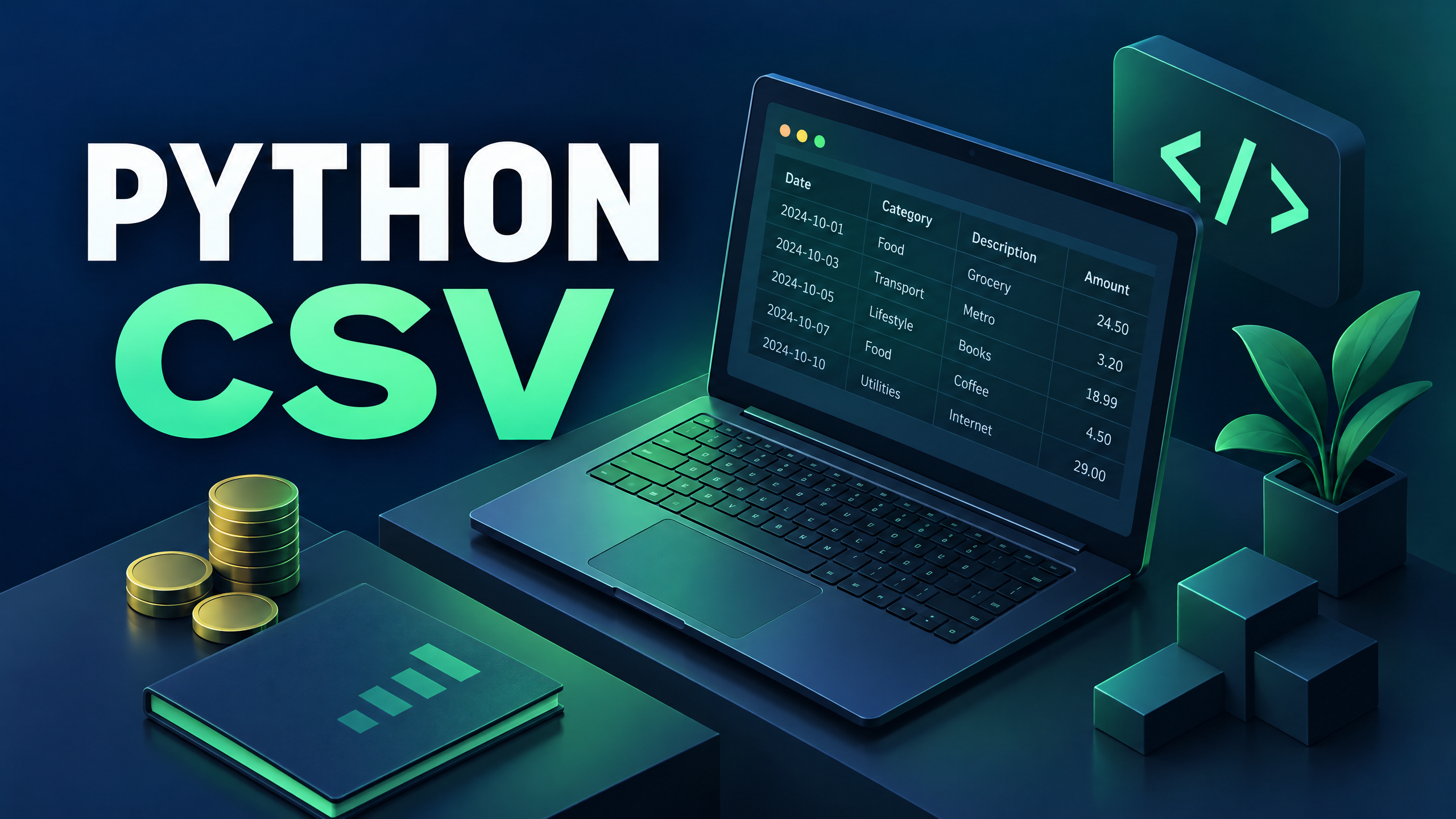 Python ও CSV দিয়ে খরচের হিসাব—ল্যাপটপ, কয়েন ও খাতার মৌলিক চিত্র