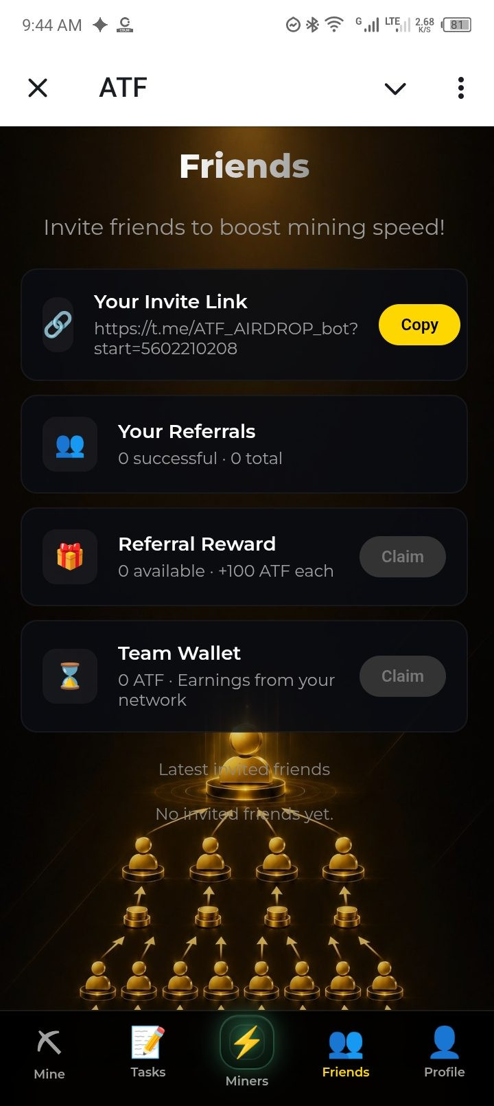 ATF app Friends page with invite link and referral rewards
