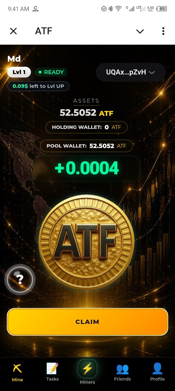 ATF mining app dashboard with ATF balance and CLAIM button