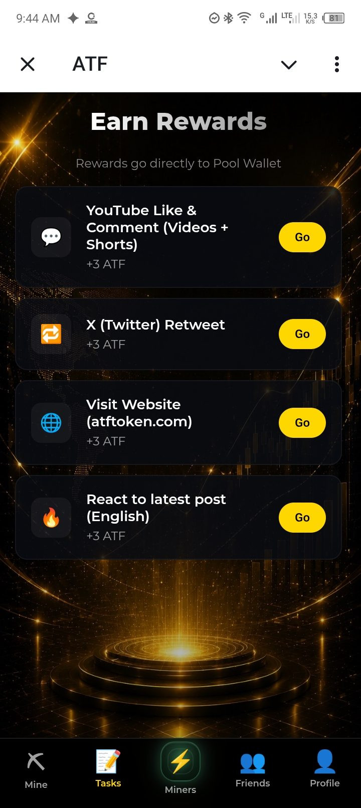 ATF app Earn Rewards tasks page