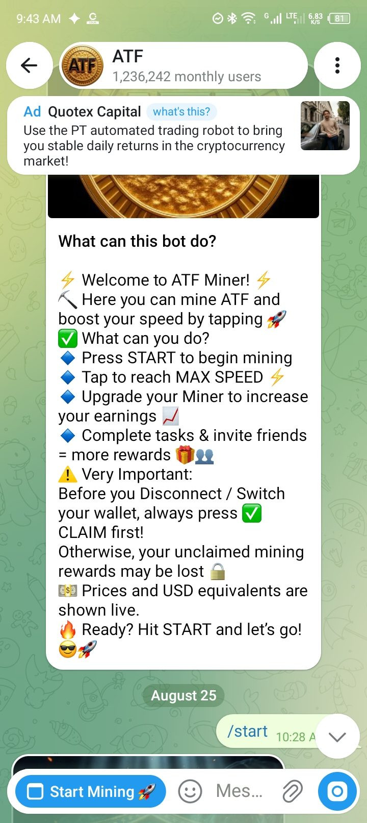 ATF Airdrop bot chat on Telegram with Start Mining button