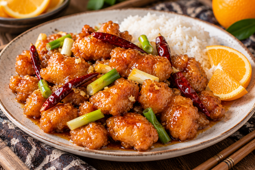 Glossy Orange Chicken with Rice and Chilies.2