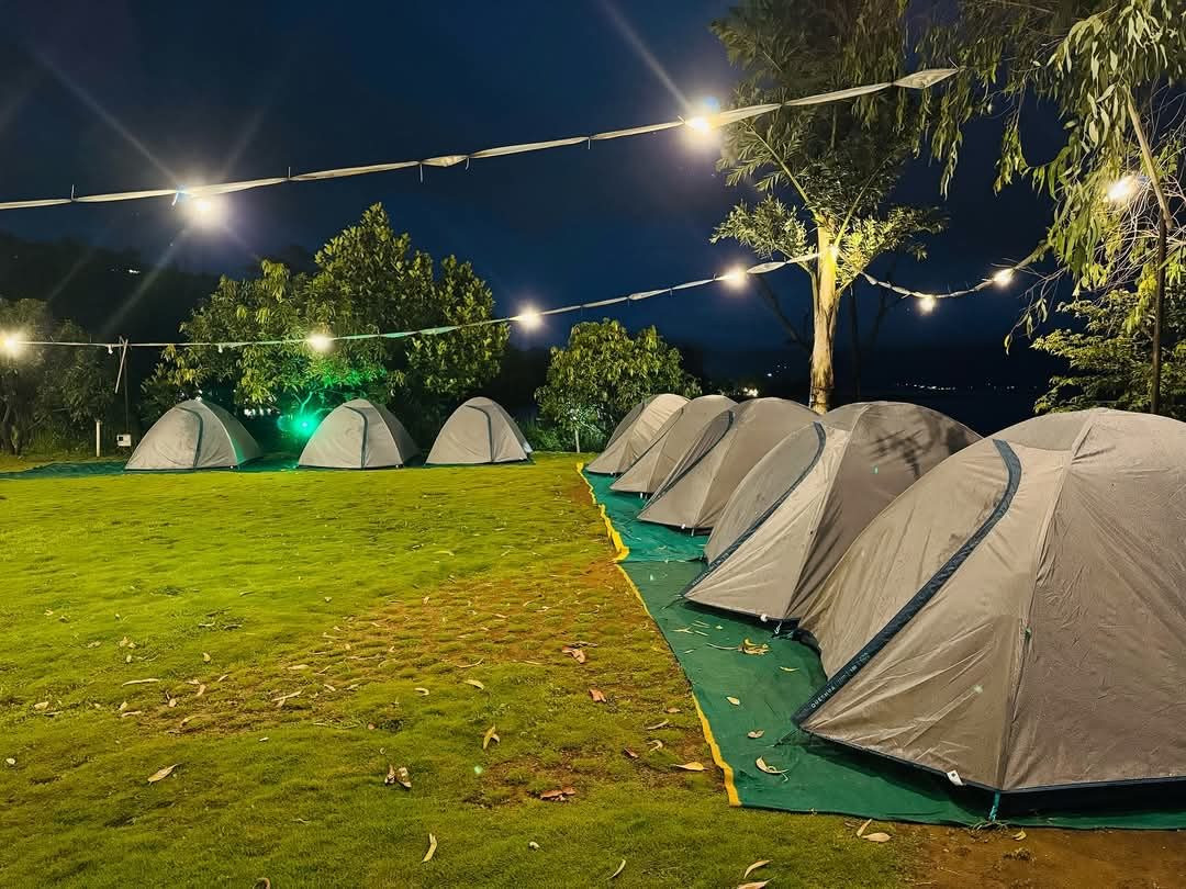 Row of lakeside dome tents under glowing string lights at Pawna Camp Life