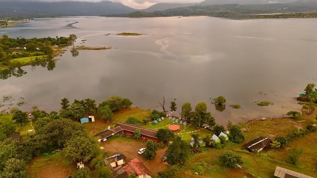 Aerial view of Pawna Camp Life on the shore of Pawna Lake
