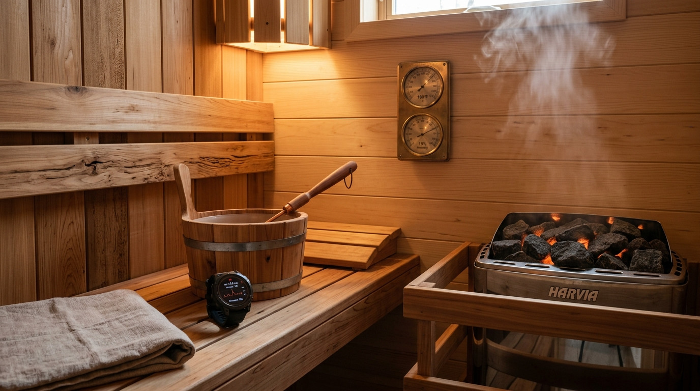 Traditional Finnish cedar wood sauna interior with volcanic stones thermometer at 180 degrees Fahrenheit and biometric smartwatch