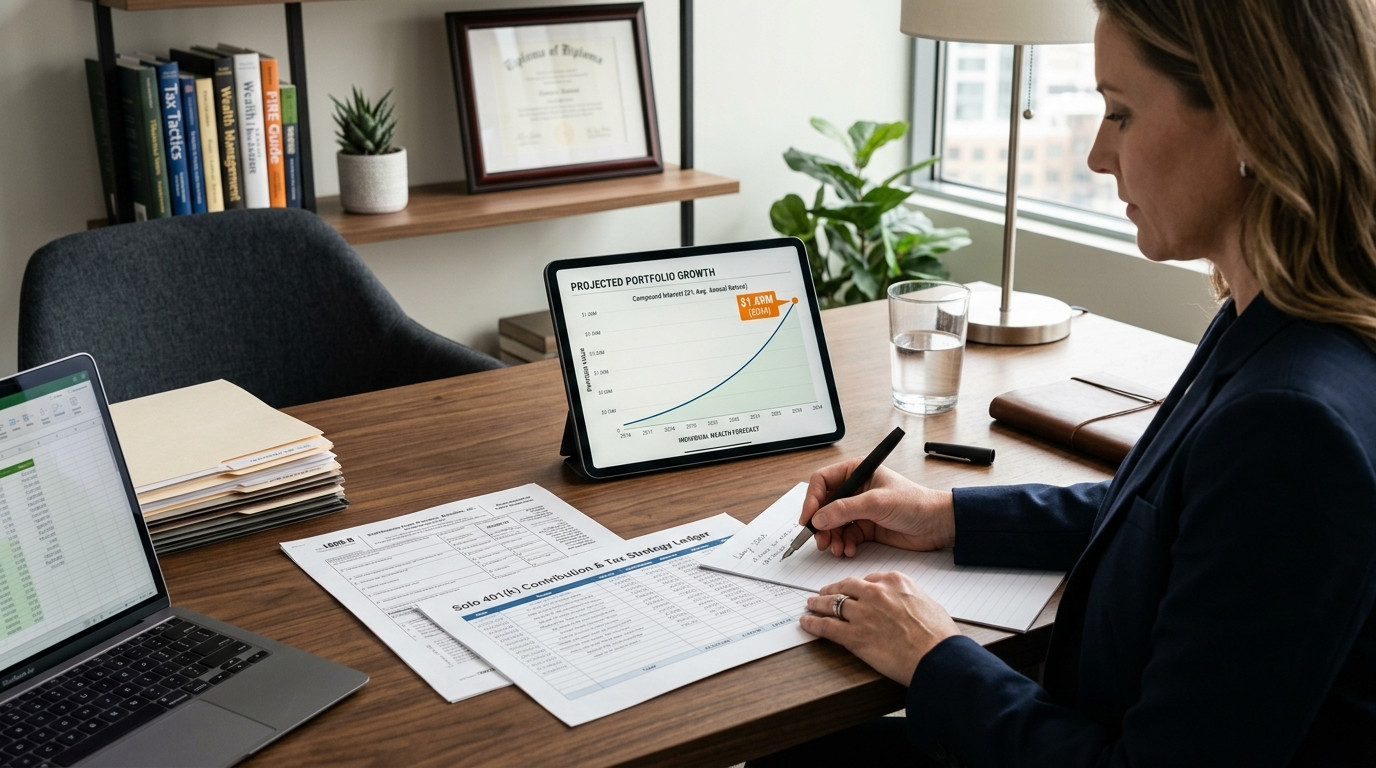 Solo 401k Mega Backdoor Roth tax calculation paperwork, balance sheets, and retirement planning workspace