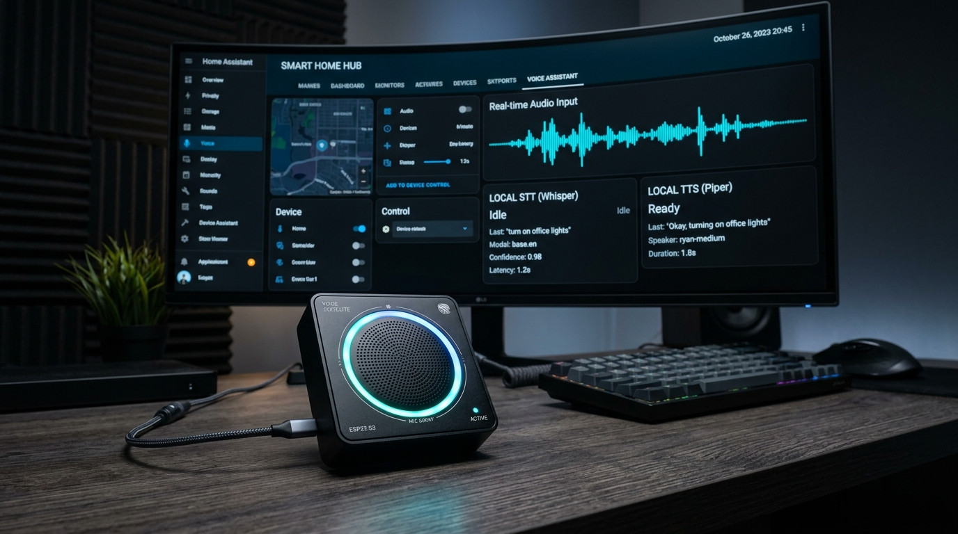Local smart home voice assistant setup with ESP32-S3 satellite device and Home Assistant dashboard running local Whisper and Piper TTS