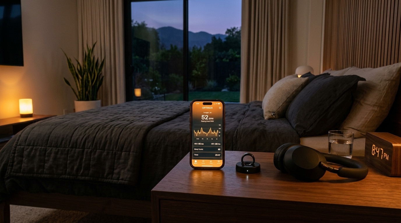 Biometric sleep tracking watch, dim evening light environment, and restful circadian health monitoring