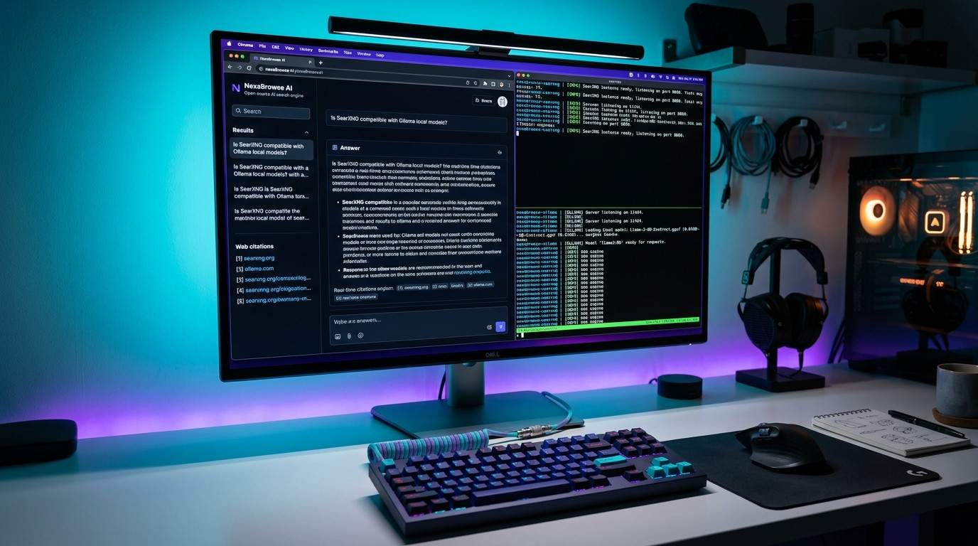 Self-hosted open-source AI search engine dashboard with live web citations, SearXNG query aggregator, and Ollama terminal pipeline
