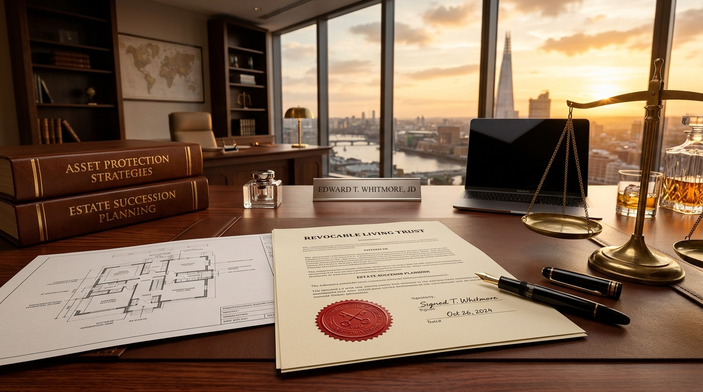 Executive wealth planning desk with official revocable living trust legal agreement, fountain pen, architectural property blueprints, and scales of justice