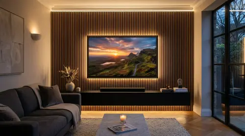 tv luxury acoustic slat media wall living room